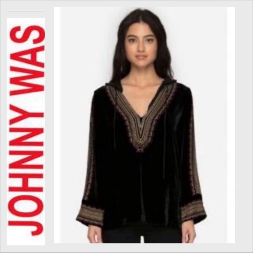 California Moonrise Black Velvet Boho Hippie Chic Embroidered Hooded Tunic XL